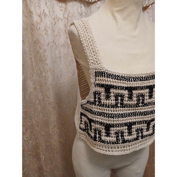 Crochet Bohemian Half Top Womens Sz L Beige Semi Sheer Cropped Festival Coquette - Picture 4 of 16